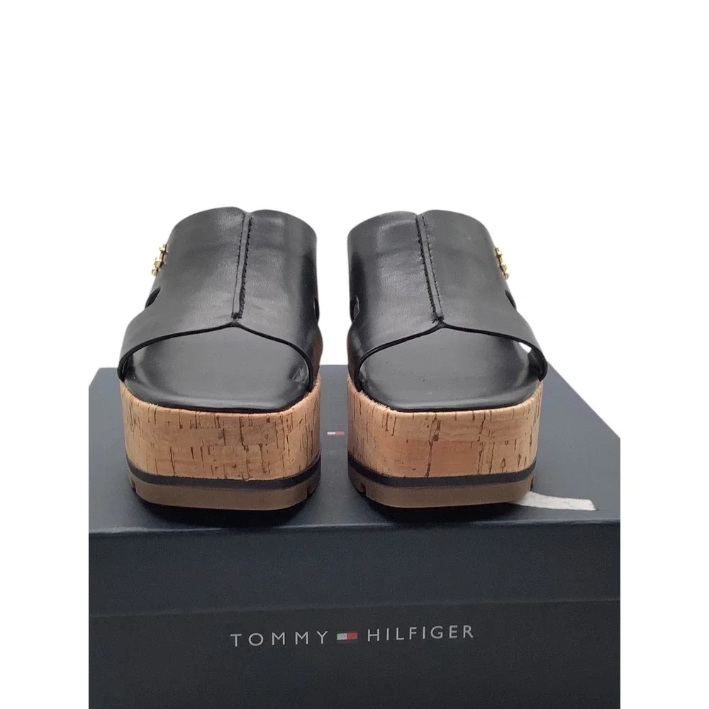 Tommy Hilfiger Heliena Black Cork Platform Wedge Sandals Womens 7M Gold Monogram